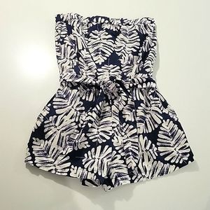 Banana Republic Linen Navy and White Tropical Strapless Romper